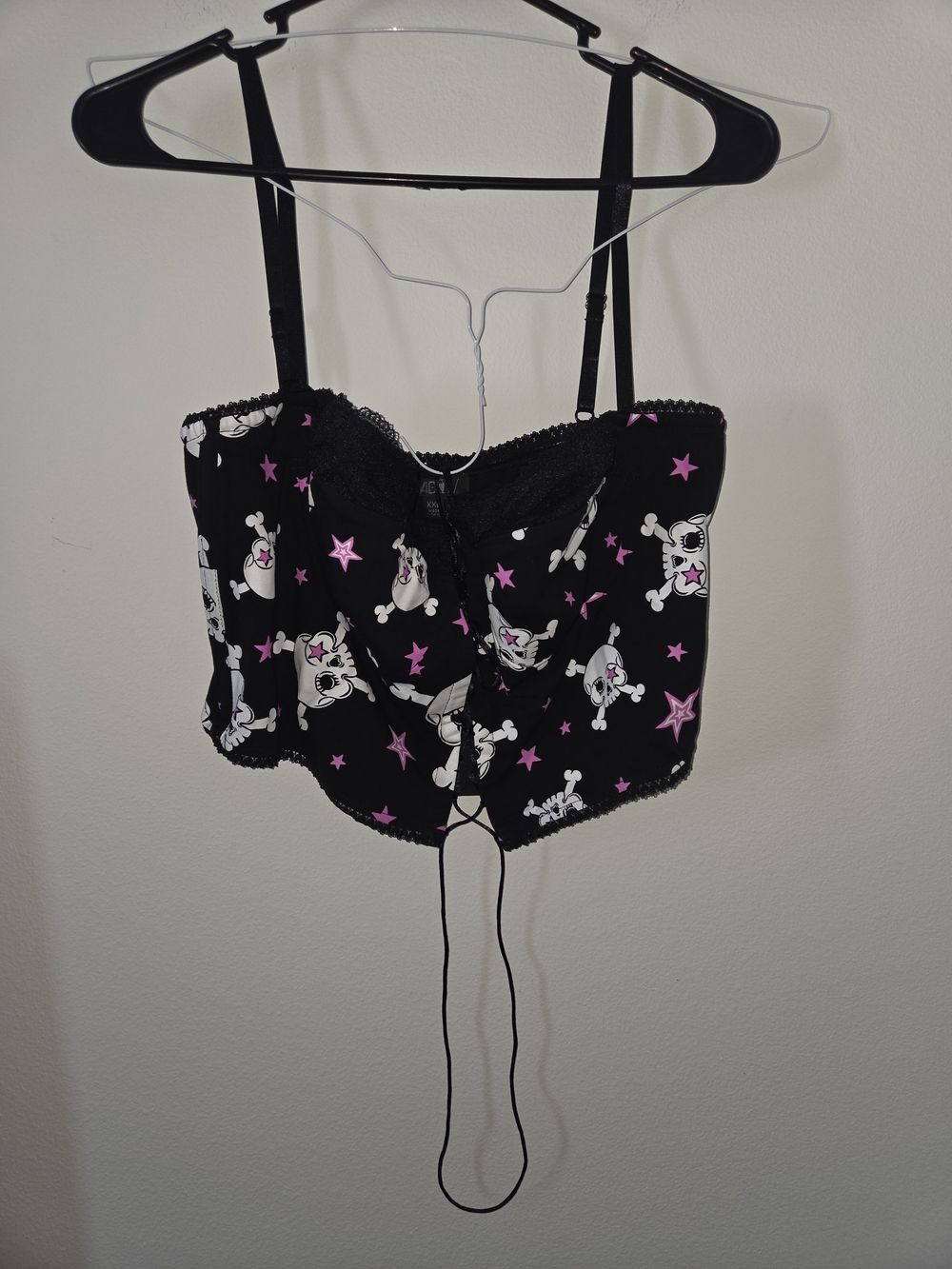 Dolls Kill Black Crop Bustier with Pink Star & White Skull Print